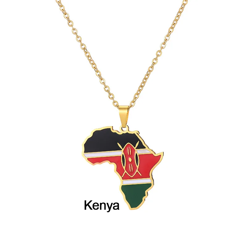 

Personality 24k Gold Plated Africa Map Pendant Hip Hop Necklace Stainless Steel Kenya Ghana Nigeria Flags African Map Necklace, Multi-colors