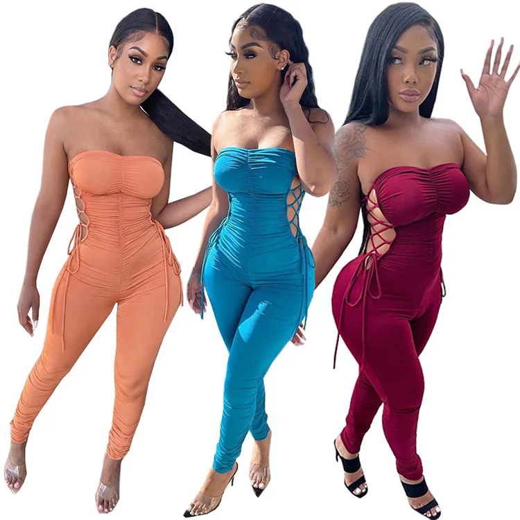 

Hollow Out Lace Up Sexy Strapless Jumpsuit For Women Summer