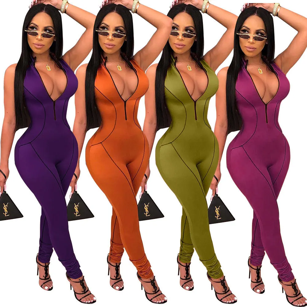 

Deep V sexy bodycon casual plus size jumpsuit for women