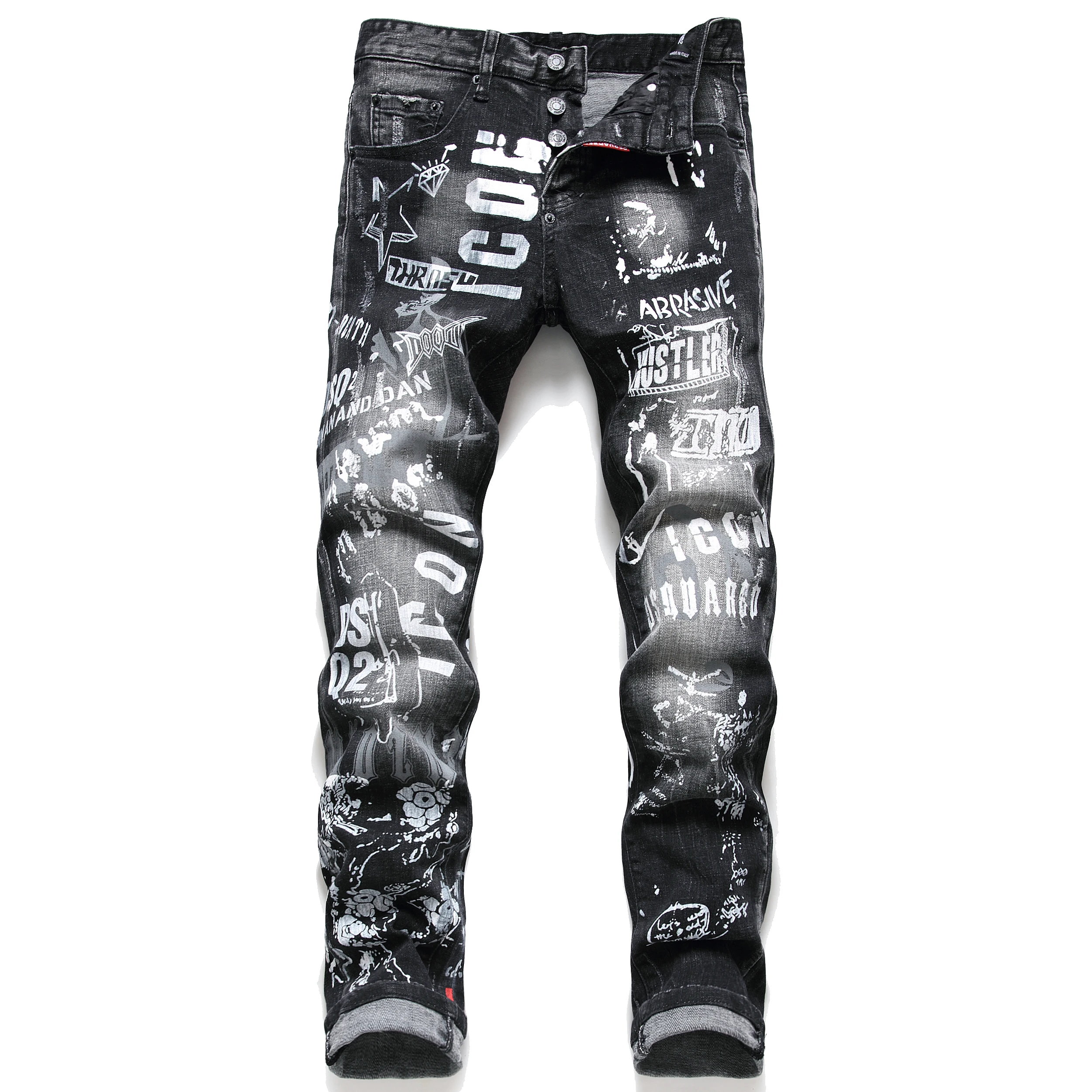 

Foreign trade style embroidery multi-badge inkjet fashion trend stretch black men's jeans