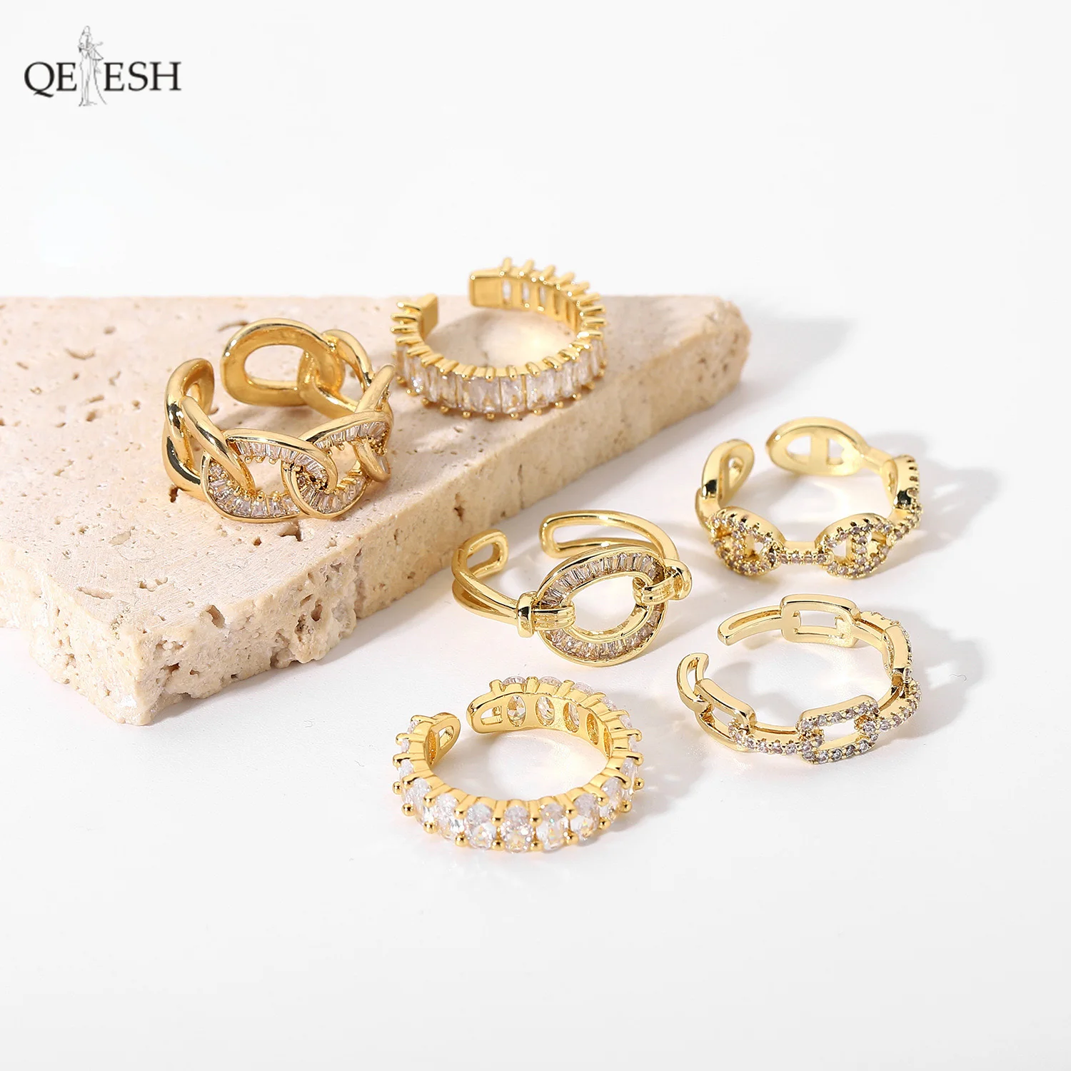 

Qetesh Wholesale Price Gold Copper Inlaid Zirconium Ring Opening Adjustable Fashion Couple Crystal Zircon Rings