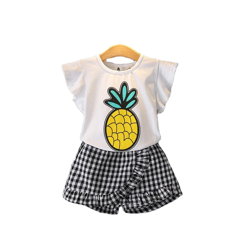 

Summer new hot selling korean version children cartoon print plaid skirt two pieces suit girls kids clothing