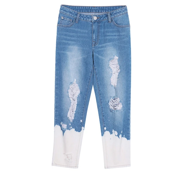 
New arrival cotton denim ripped jeans women tie dye bleach fashionable pencil jeans for women crop jeans for ladies 