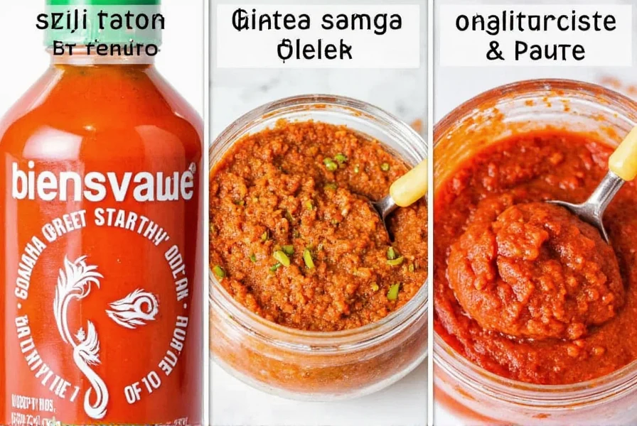 Close-up comparison of various chili paste alternatives including sriracha, sambal oelek, and homemade chili paste blend