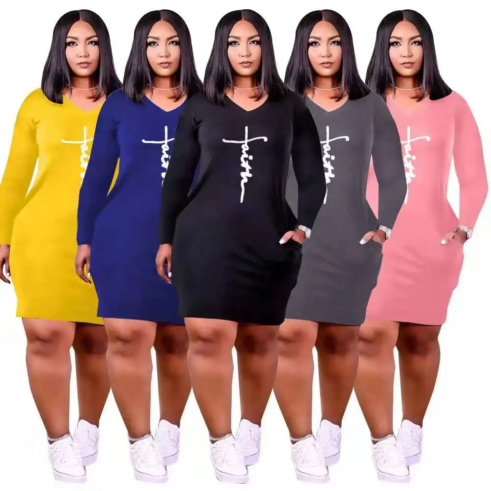 

New Arrival Fashion Long Sleeve Midi Dress With Pocket Faith Clothing 5XL Plus Size Women Dress