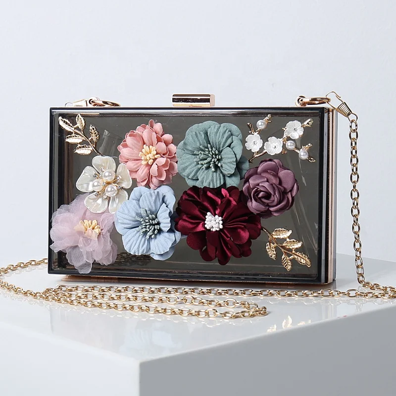 

Gorgeous girls fashion flower decoration purse bag transparent purse box shoulder handbag