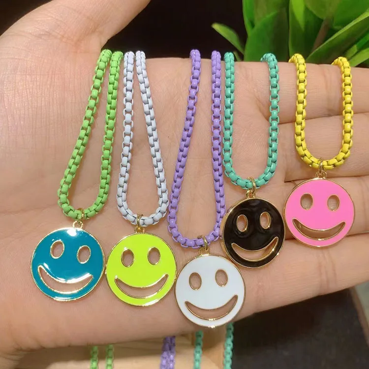 

NM1071 2021 Fashion Summer Jewelry Gold Plated Enamel Smiley Happy Face Emoji Pendant Chain Necklace