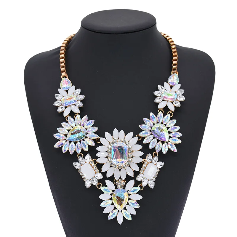 

Chunky Crystal Flowers Necklace Handmade Crystal Statement Necklace