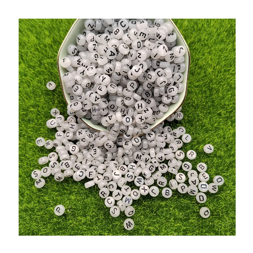 New Arrival 7MM Luminous Single Acrylic Letter Beads Black Round Flat Loose Alphabet Acrylic Beads With Large Hole