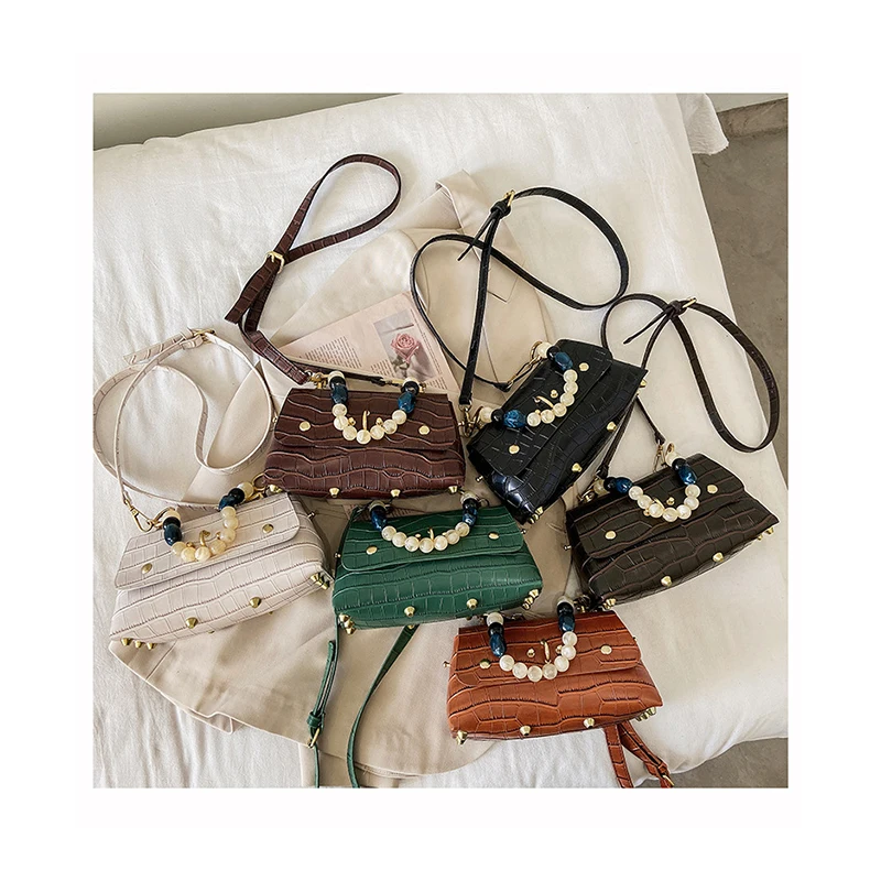 

Trendy Crocodile Pattern Square Tote Bag Women Luxury Pearl Chain Handbags Spring Advanced Shoulder Bag Party Female Bolsa Mujer