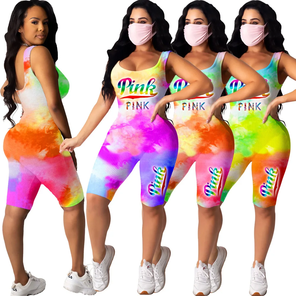 

2020 fashion summer casual womens tie dye romper print letter pink