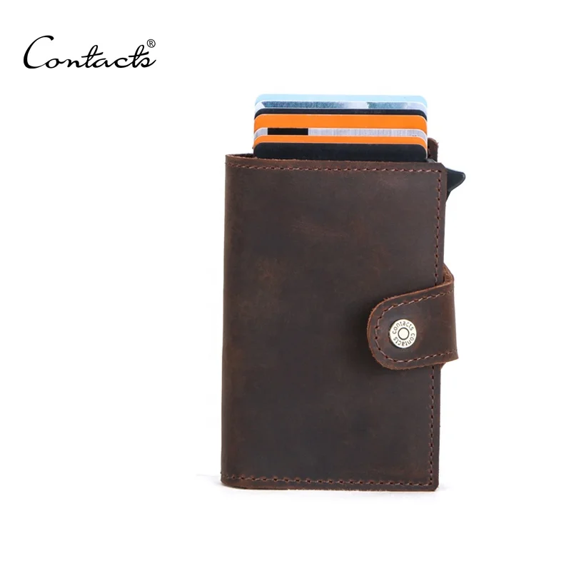 

Cheaper genuine leather 7 Credit Cards Aluminium blocking cards case for men coffee crazy horse leather