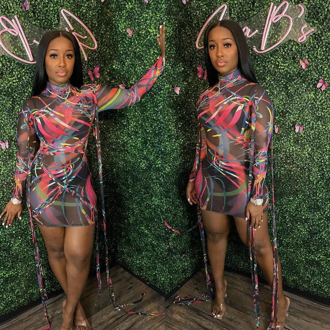 

2021 Spring Summer Women Long Sleeve Turtleneck Printed Mesh Ribbons Bandage Dress Lady Sexy Street Wear Workout Dresses
