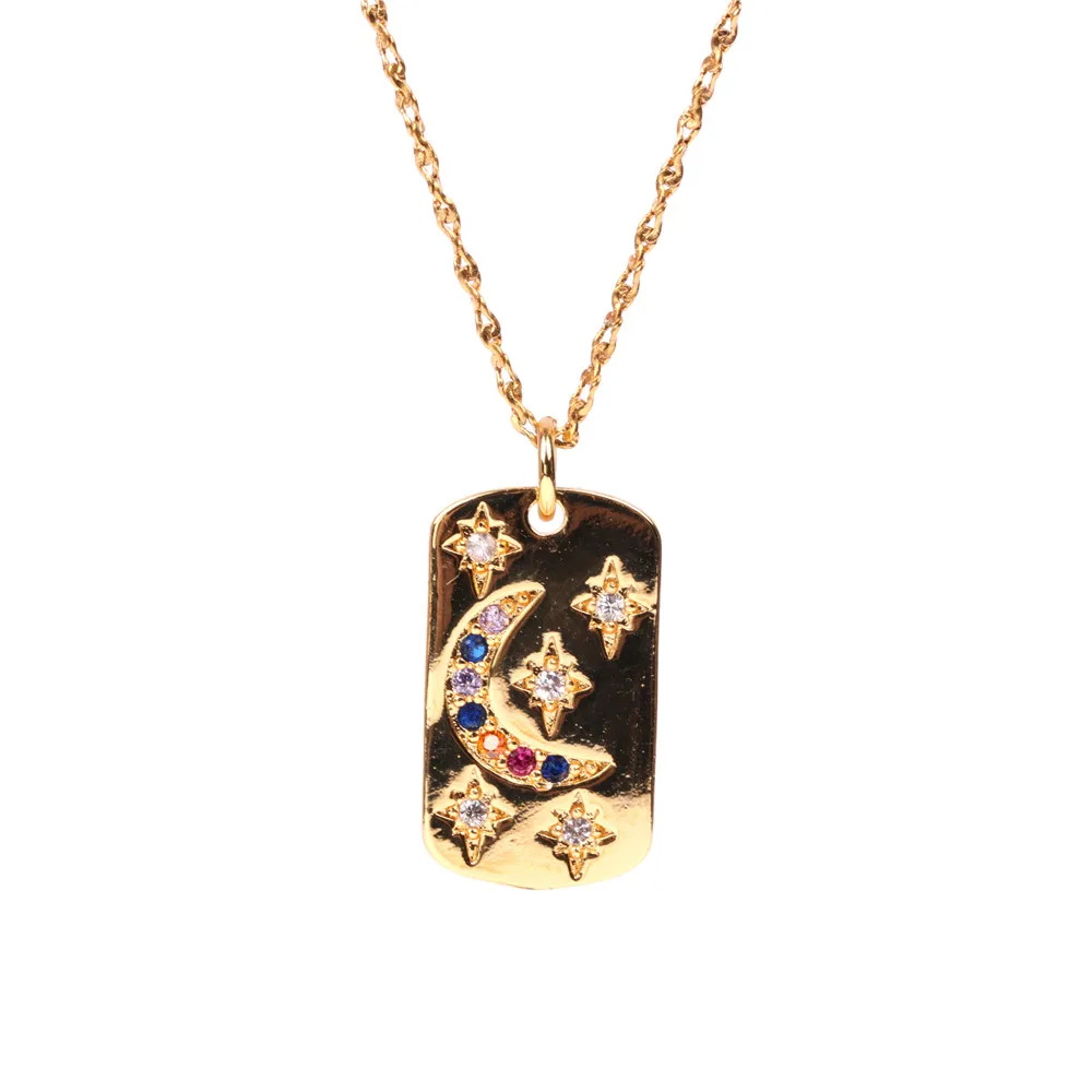 

New arrivals 2021 moon and star copper gold plated zircon pendant hip hop rectangular necklace