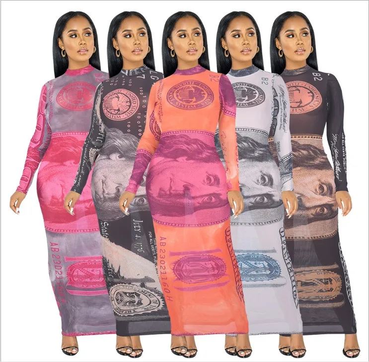 

KFM84 2020 fashion sexy nightclub skirt slim dollar bill printing mesh dress women