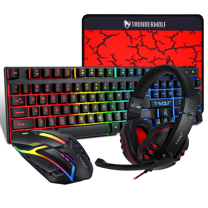 

TF-800 cheapest factory price 4 in 1 gaming combo with gaming headphone mouse pad keyboard and mouse set for home office, Black