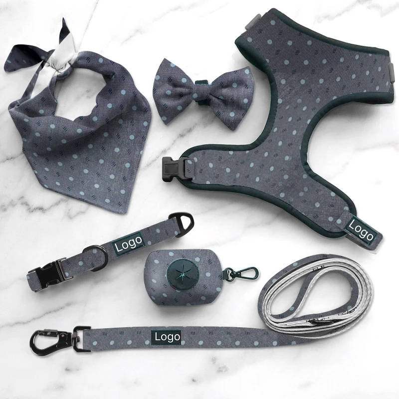 

Wholesale adjustable puppy reversible collar leash vest custom luxury polyester designer pet dog harness set, As image, customized color