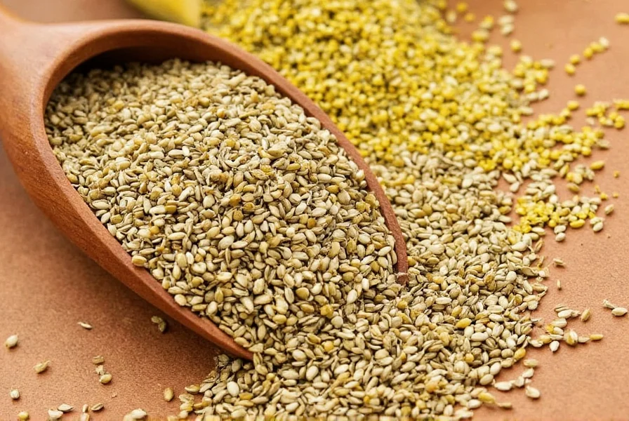 Step-by-step preparation of mustard seeds: whole, toasted, and ground in mortar and pestle with spices