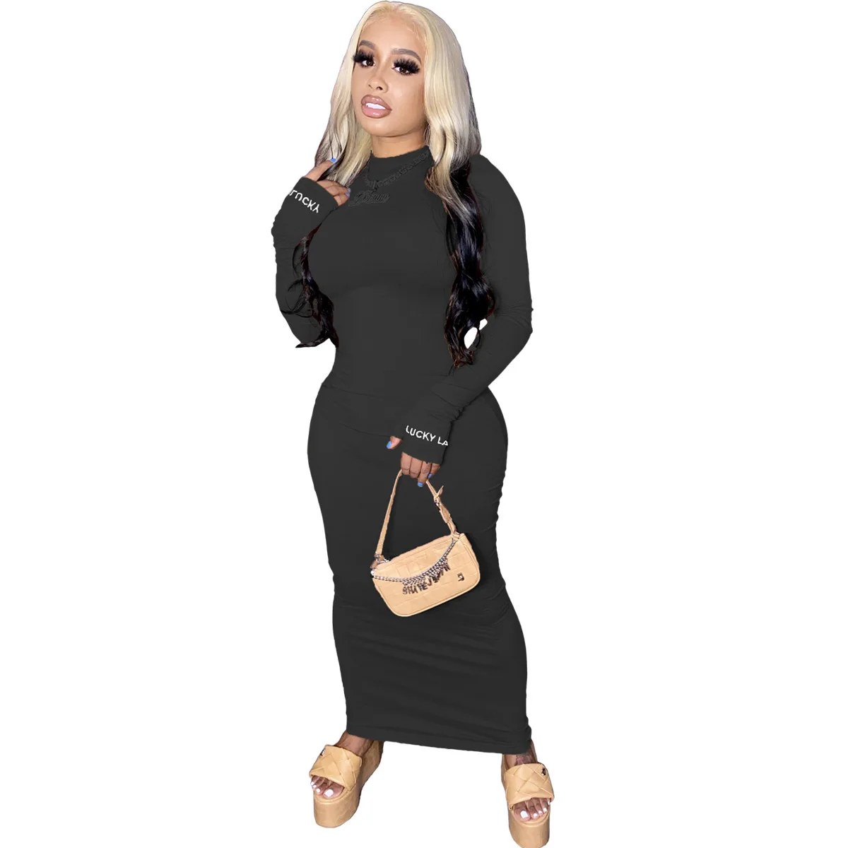 

2020 Hot sale backless women long sleeve pencil women dress Wholesale cheap open back dress, Black