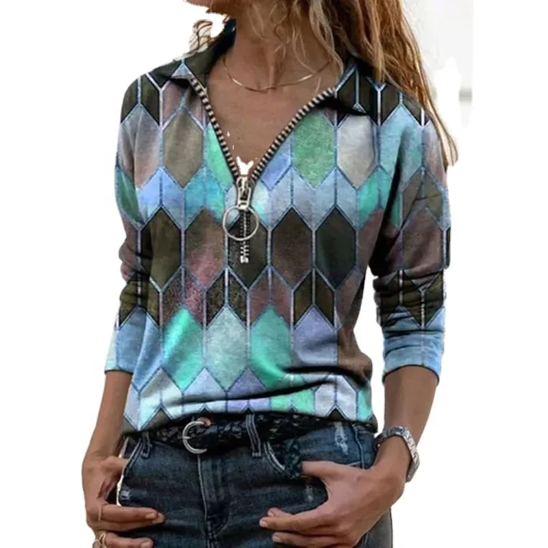 

European and American plus size slim V-neck blouse T-shirt Printed zipper lapel long-sleeved T-shirt