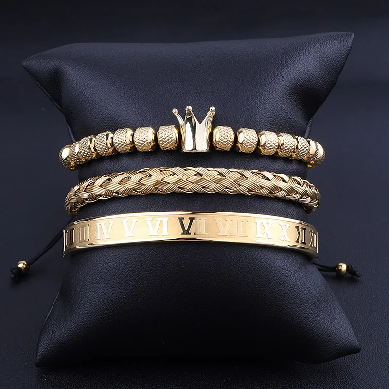 

High Quality Crown Charm Stainless Steel Beads Engrave Hip Hop Men Luxury Bracelet&Bangles Set