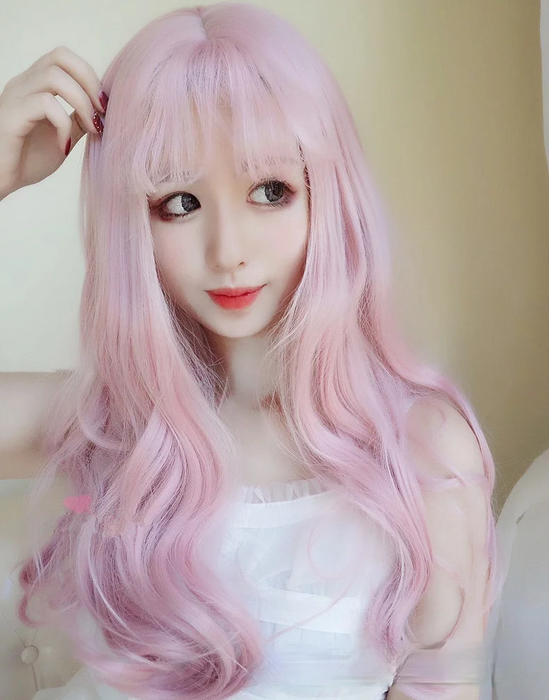 

Dropshipping Real Human Hair Female Long Curly Hair Japanese Harajuku Wig Air Bangs Big Wave Fluffy Curling Iron Set, Picture color