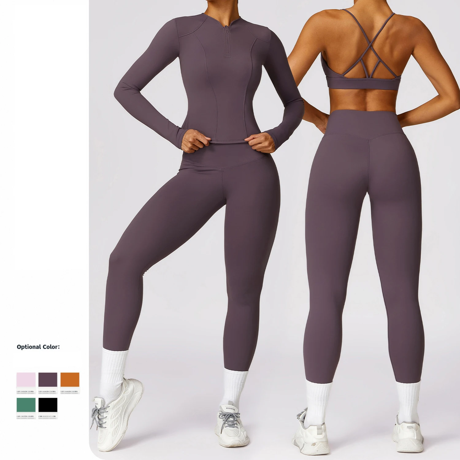 Custom 4 Piece Women Winter Gym Fitness Set 1/4 Quarter Zip Up Long Sleeve Slimming Fit Quick Dry Running Yoga Set