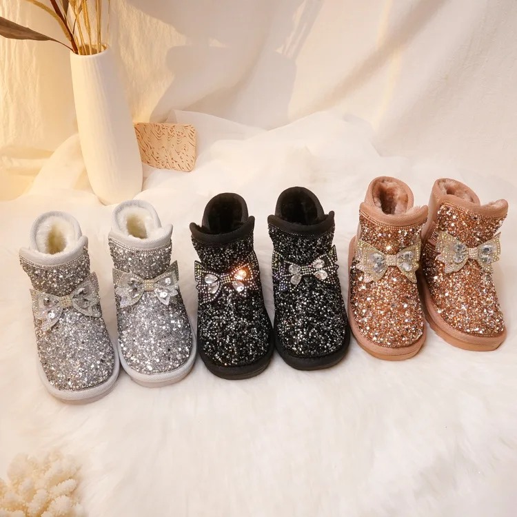 

2021 children winter fashion BlingBling Rhinestone boots student trend soft Faux Fur ankle warm Princess shoes kids snow boots, Black,silver,gold