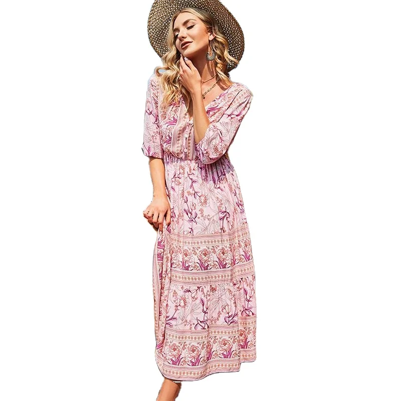 

Instock Women Fashion Boho Summer Beach Dresses For Lady Elegant Bohemian Long Dress, Print or customized