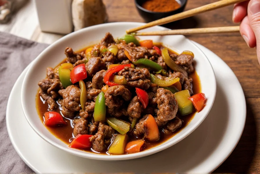 Authentic Chinese pepper steak served in white bowl with chopsticks, showing tender beef strips with colorful bell peppers in glossy brown sauce