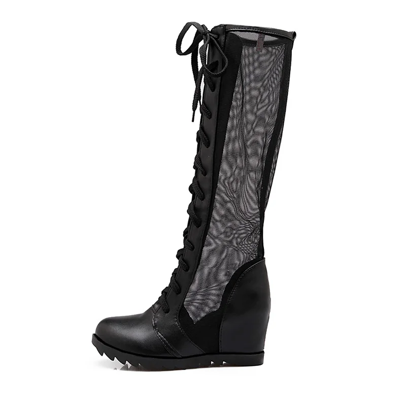 

Women Fall Round Head Lace-up Gauze Endogenous Height Increasing Lady Summer Wedge Boots