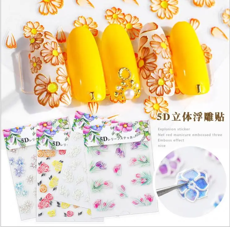

5d Nail Stickers Embossed Flowers Self-adhesive Decals Nail Sticker