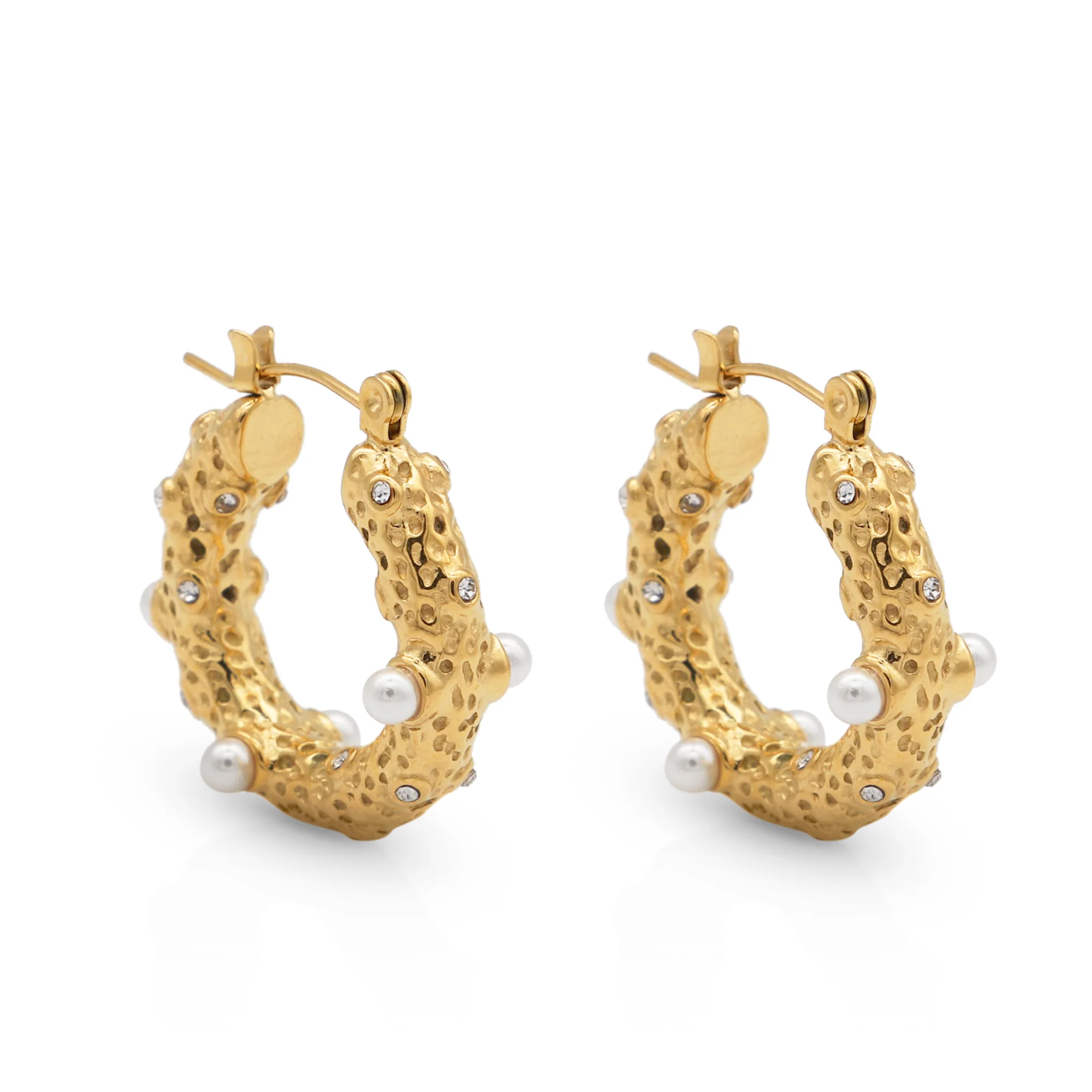 

Chris April trendy design 316L stainless steel PVD gold plated pearl zircon bumpy texture hoop huggies earrings