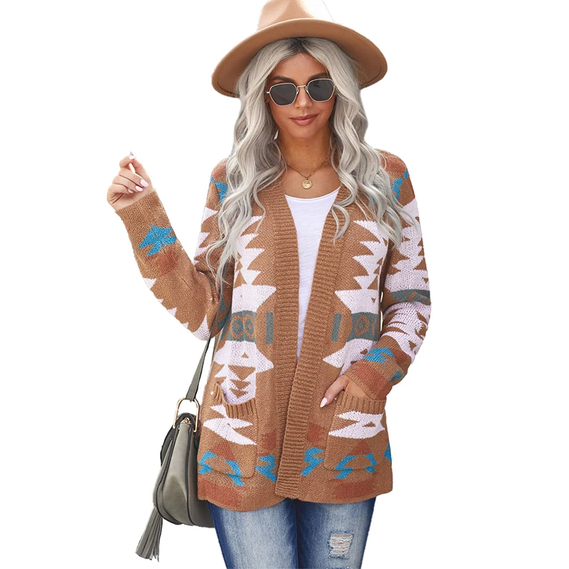 

Wholesale Women Moraga Pocketed Soft Plush Geometric Aztec Long Sweater Cardigans