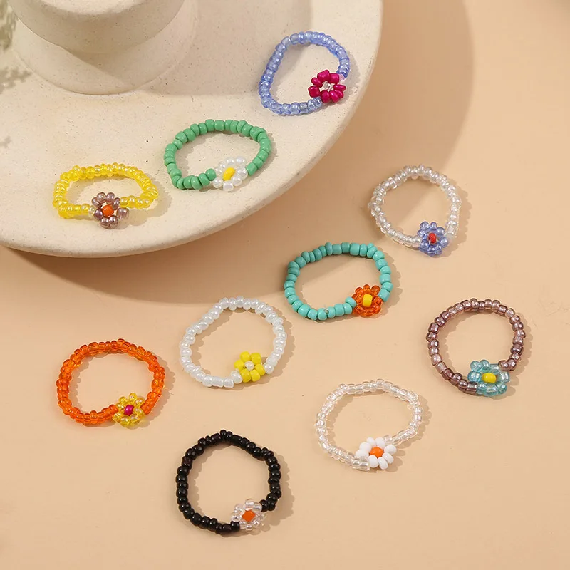 

European and American Bohemian Hand Seed Bead Flower Charm Ring Jewelry Creative Colorful Beaded Flower Elastic Ring, As pic