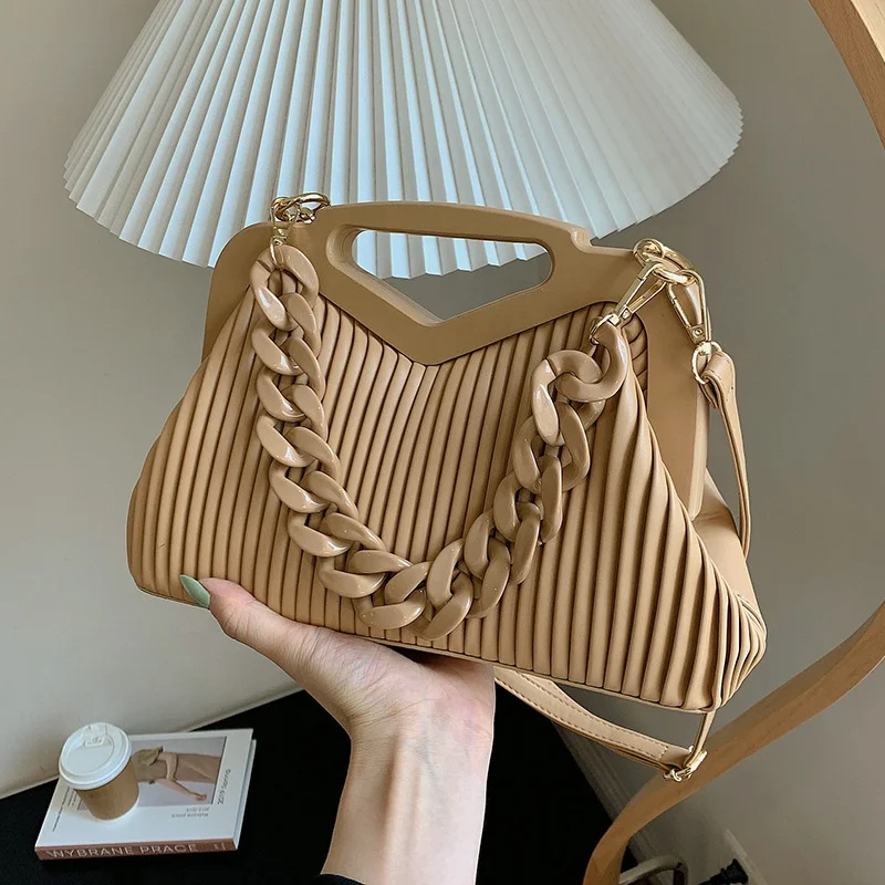 

luxury fold striped pu leather fashion messenger bag female new acrylic ornament chain cloud underarm bag clip handbag