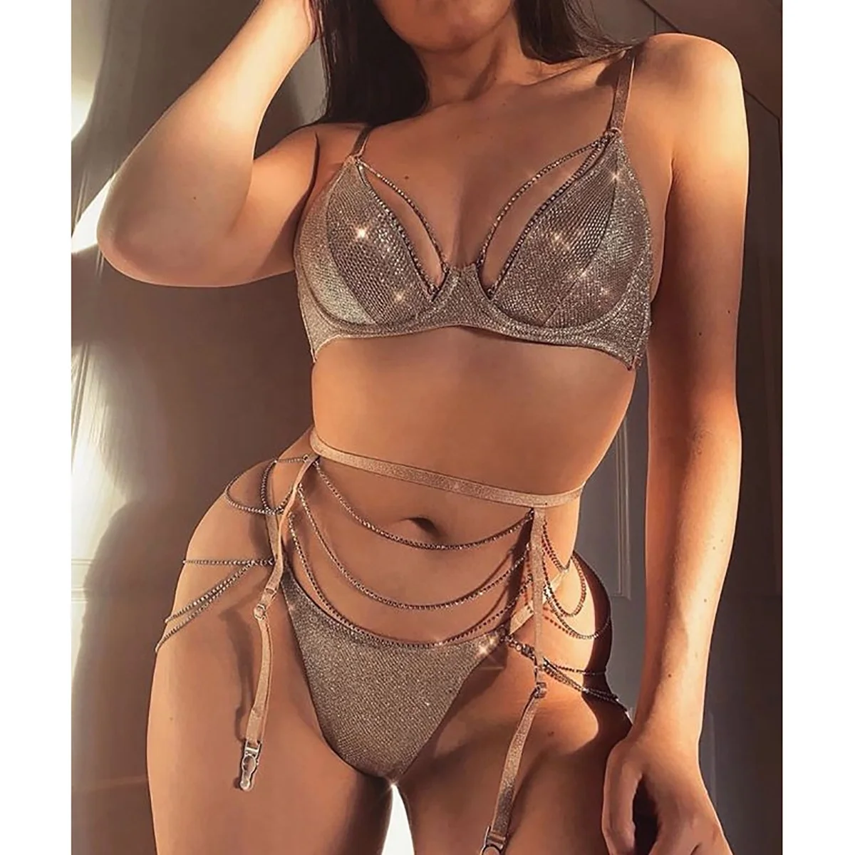 

2021 New bar sexy lingerie female diamond Erotic bikini style solid string womens three-piece set Ladies seduction lingerie, Accept customized