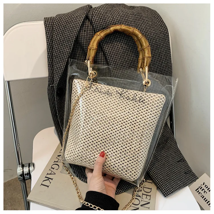 

Jelly Straw Knitted Tote Handbag Women's Bamboo Handle Summer Beach Bag 2021 Transparent Composite Shoulder Messenger Bag Bolsos, As pictures