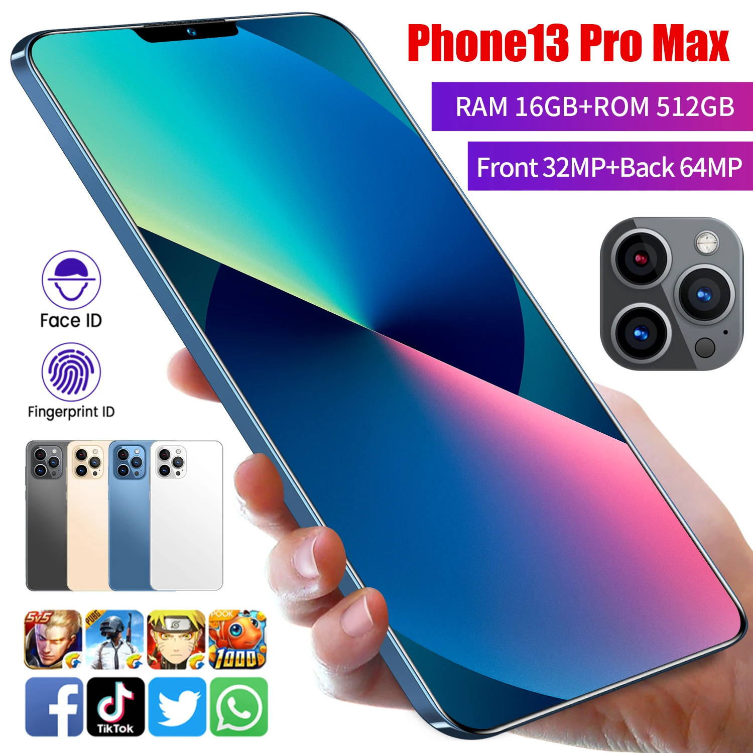 

Global Version i13 PRO MAX Smart Phone Original 12GB + 512GB 6.1 inch Phone Dual SIM Card 5G LTE Fingerprint ID Mobile Phone