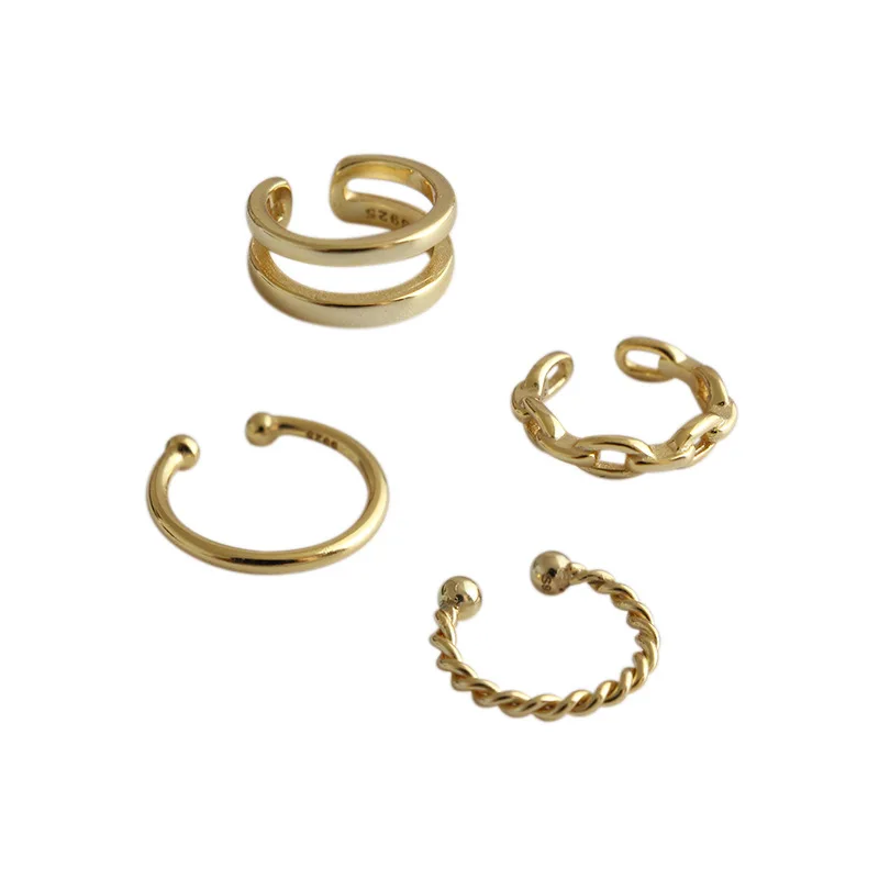 4pcs/set 925 Sterling Silver Earring Post Gold Ear Cuff Non-Pierced Double Row Cuff No Piercings Needed
