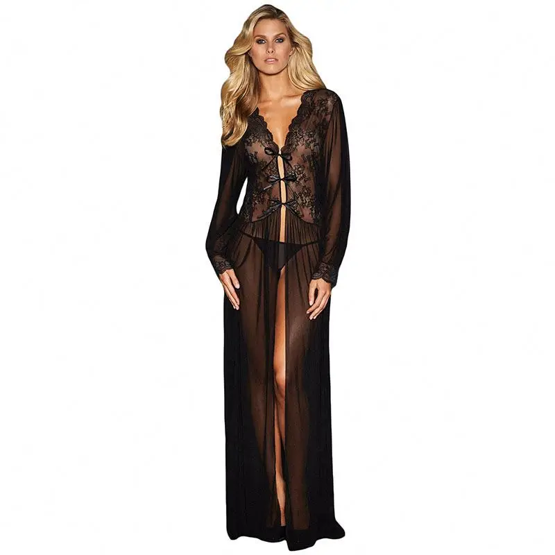 

Best Selling Fashion Sexy Sheer Long Sleeve Lace Robe Thong Sleep Lingerie Dress, Can customized sexy lace robe