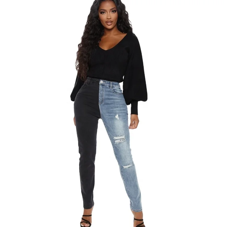 

Stretched Two Tone Mom Jeans For Women, Black + blue