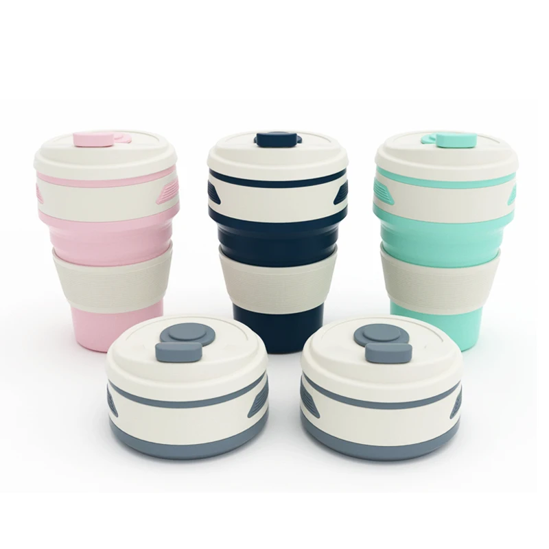 

OEM New Design Reusable Foldable Silicone Rubber Drinking Collapsible Travel Silicone Coffee Cup with Lids, Pink, green, gray, blue