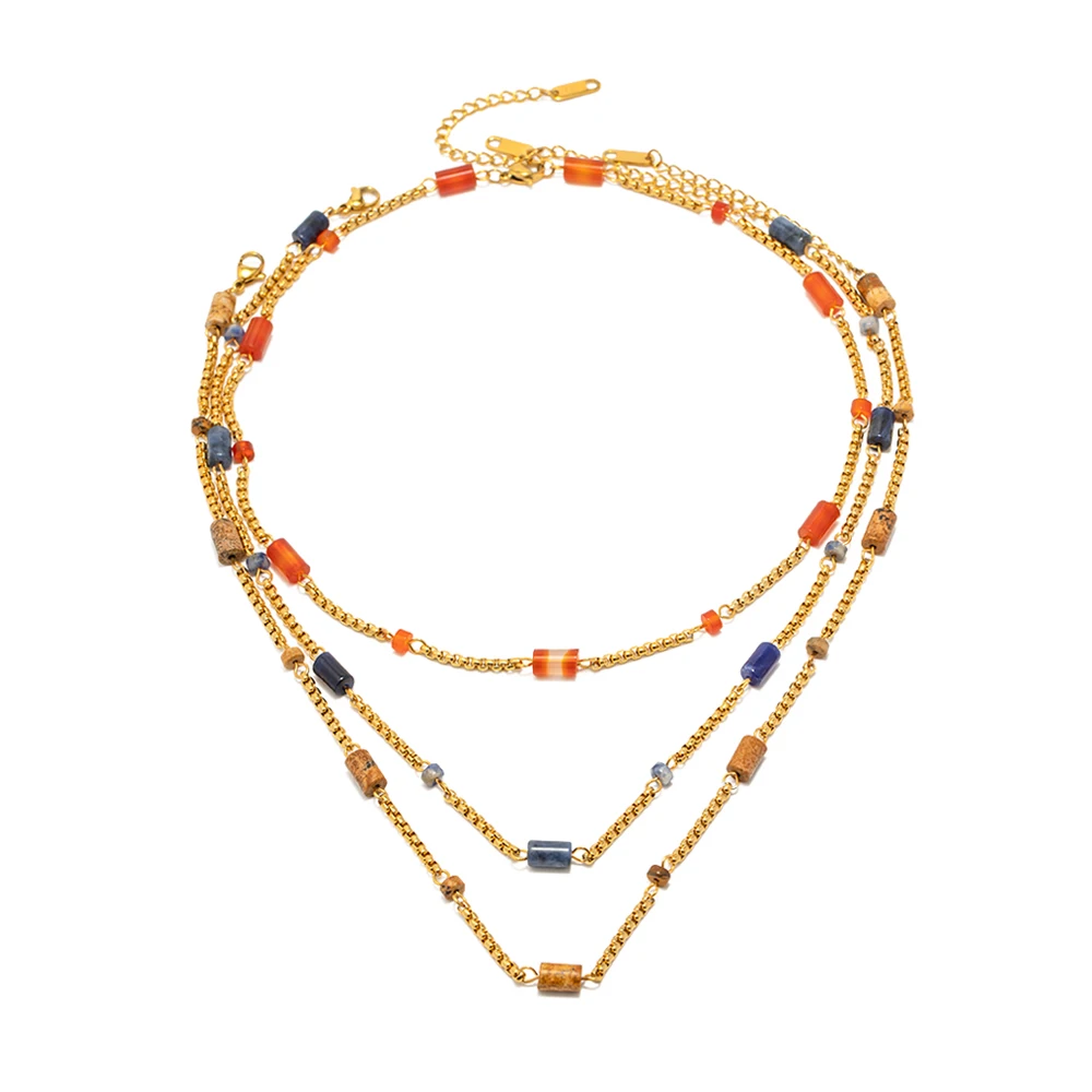 

Charm 18K Gold Plated Stainless Steel Jewelry Gift Natural Geometric Lapis Lazuli Red Agate Choker Necklace
