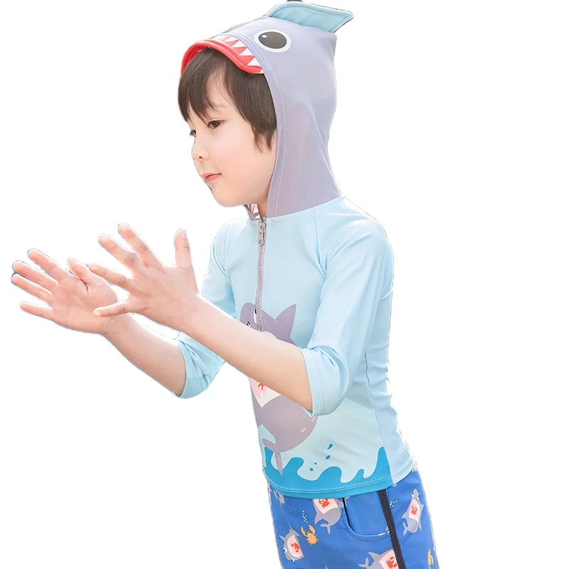 

Kids beach leisure sportswear sun hat for boys and children split swimsuit hooded swimming trunks Quick-drying, pattern: shark