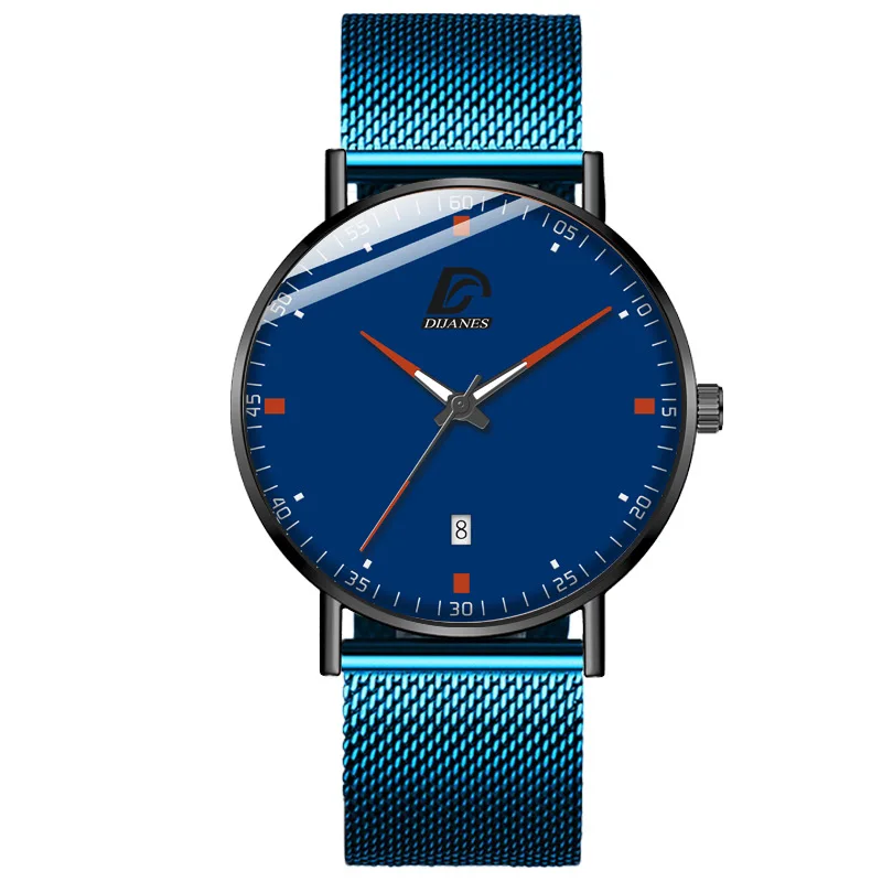 

2020 New Blue Stainless Steel Mesh Band Quartz Analog Watches Fashion Mens Calendar Wrist Watches Date Display Geneva Brand