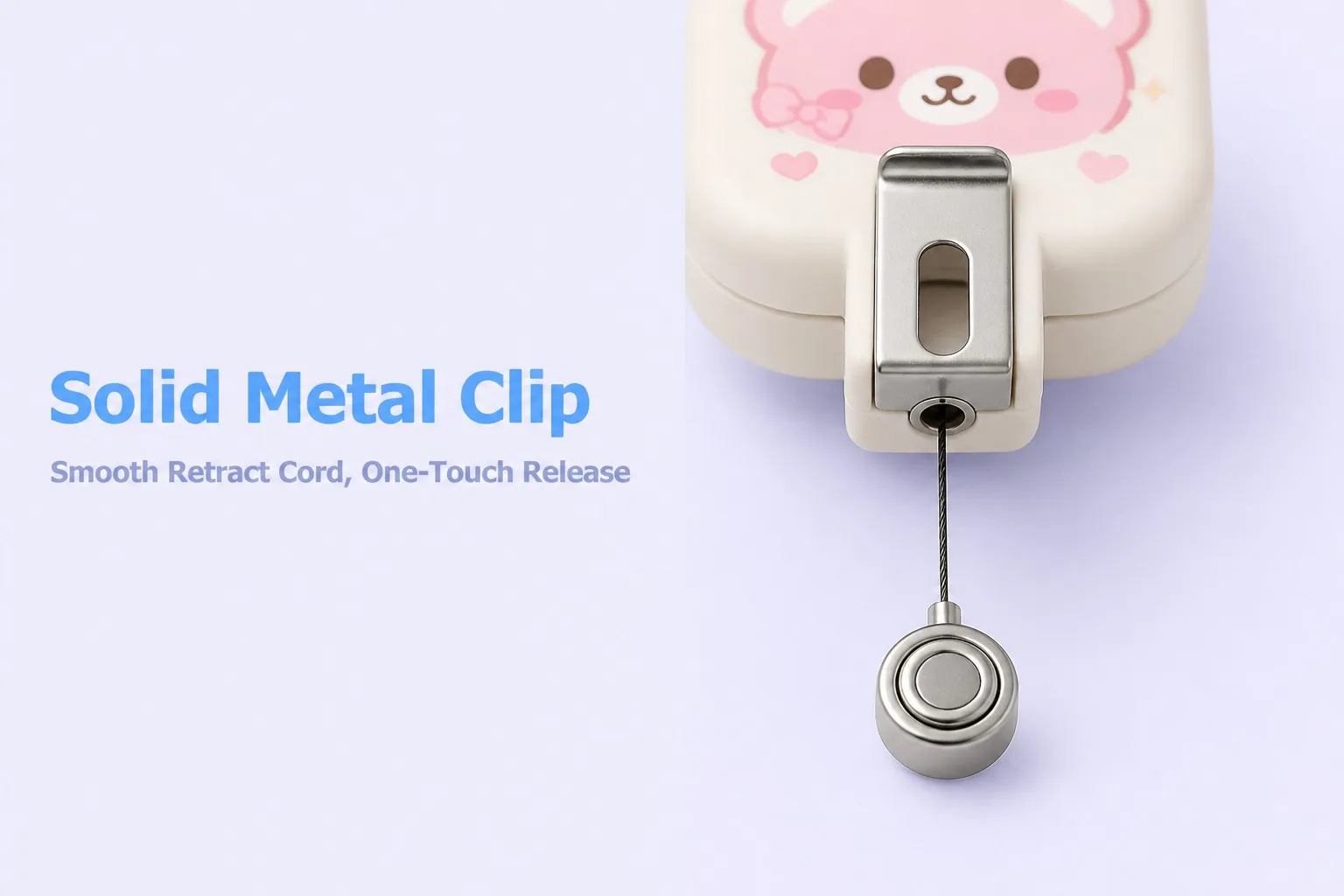 All four cartoon badge reel designs shown together - bear, bunny, puppy and kitten