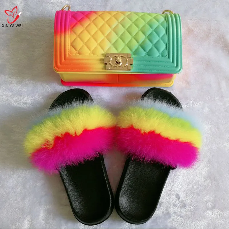 

Fur Slide Jelly Bag Set Women Fur Flip Flop Sandals Slippers Women Slippers, Customized color