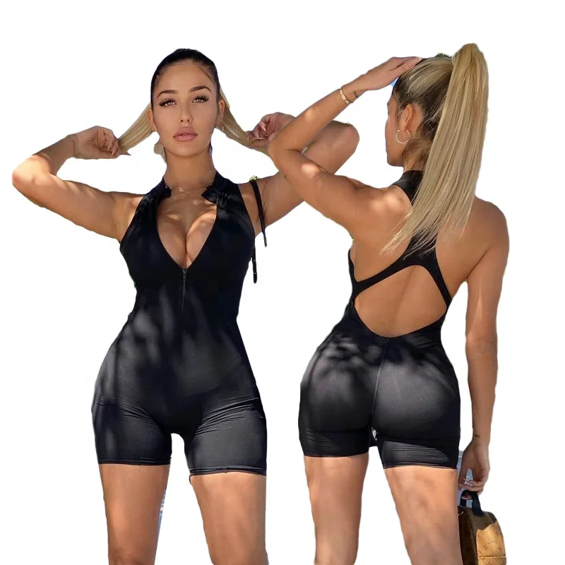 

KX-4585W Slim sexy shorts jumpsuits with zipper v neck solid jumpsuit backless black one piece jumpsuit