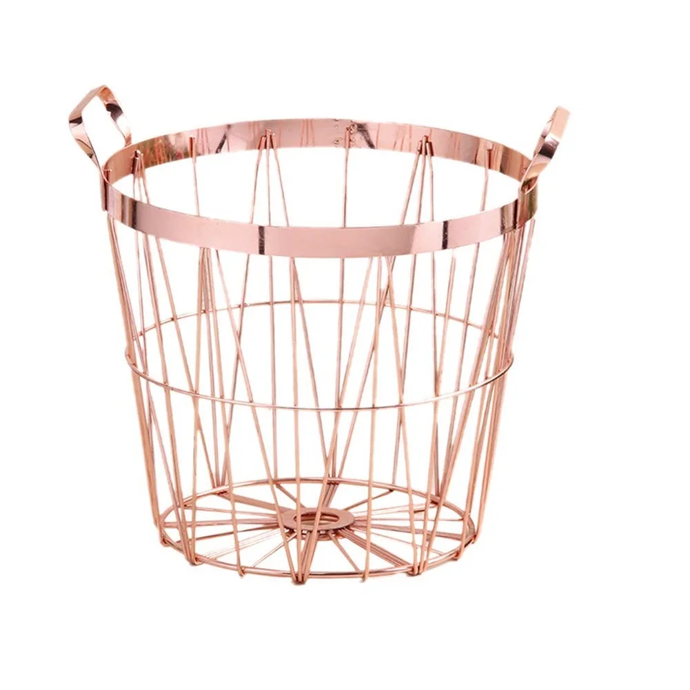
Round Laundry Hampers Wrought Iron Nordic Style Rose Gold Storage Basket with Handle for Dirty Laundry Blanket Toys Towels Shoes 